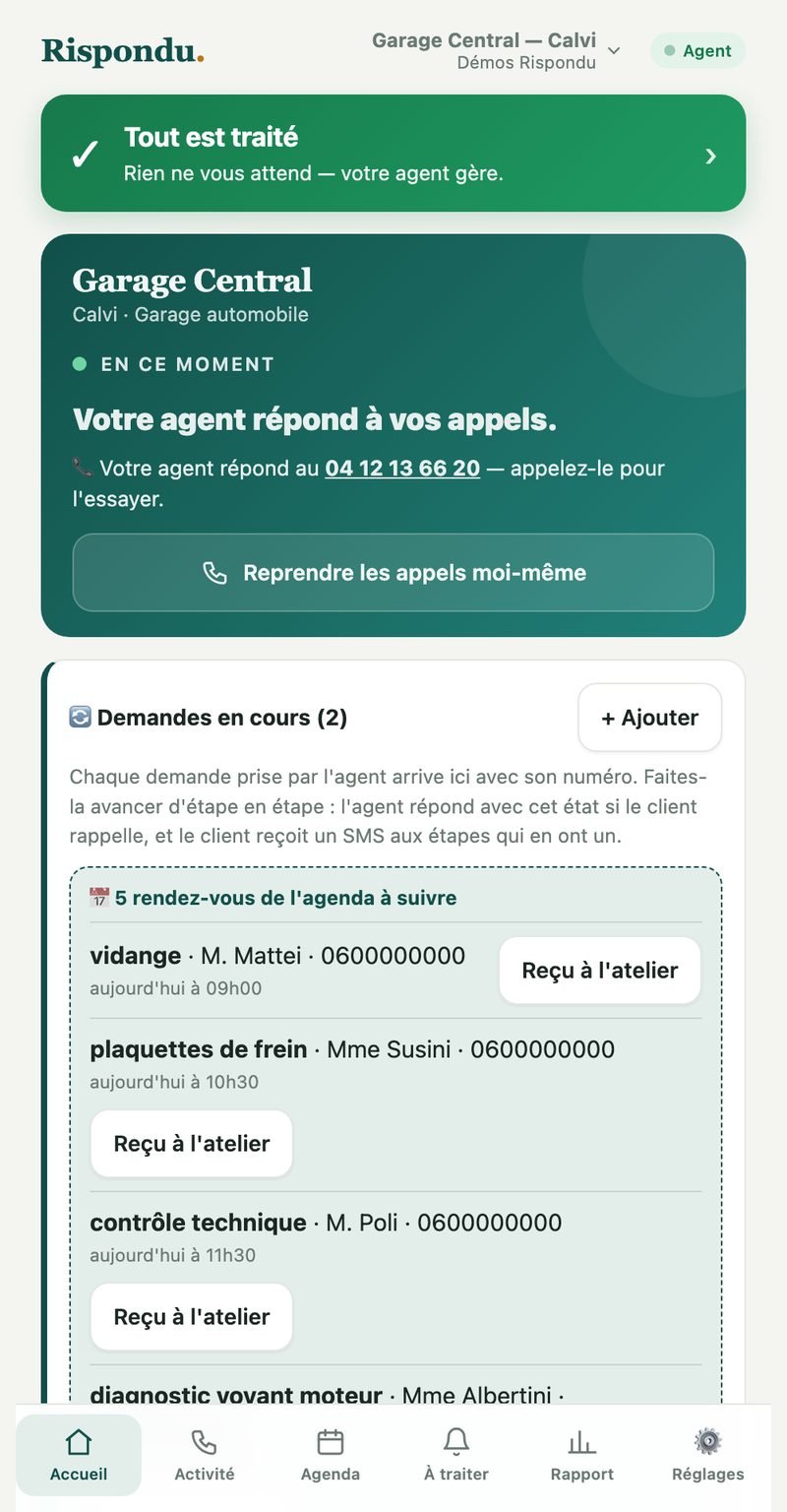 La webapp Rispondu sur mobile : la journée du garage, rendez-vous et demandes en cours